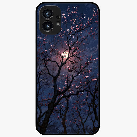 Twilight Sakura Serenade Glass Case showing flat back view with cherry blossom artwork at twilight and glossy glass finish.