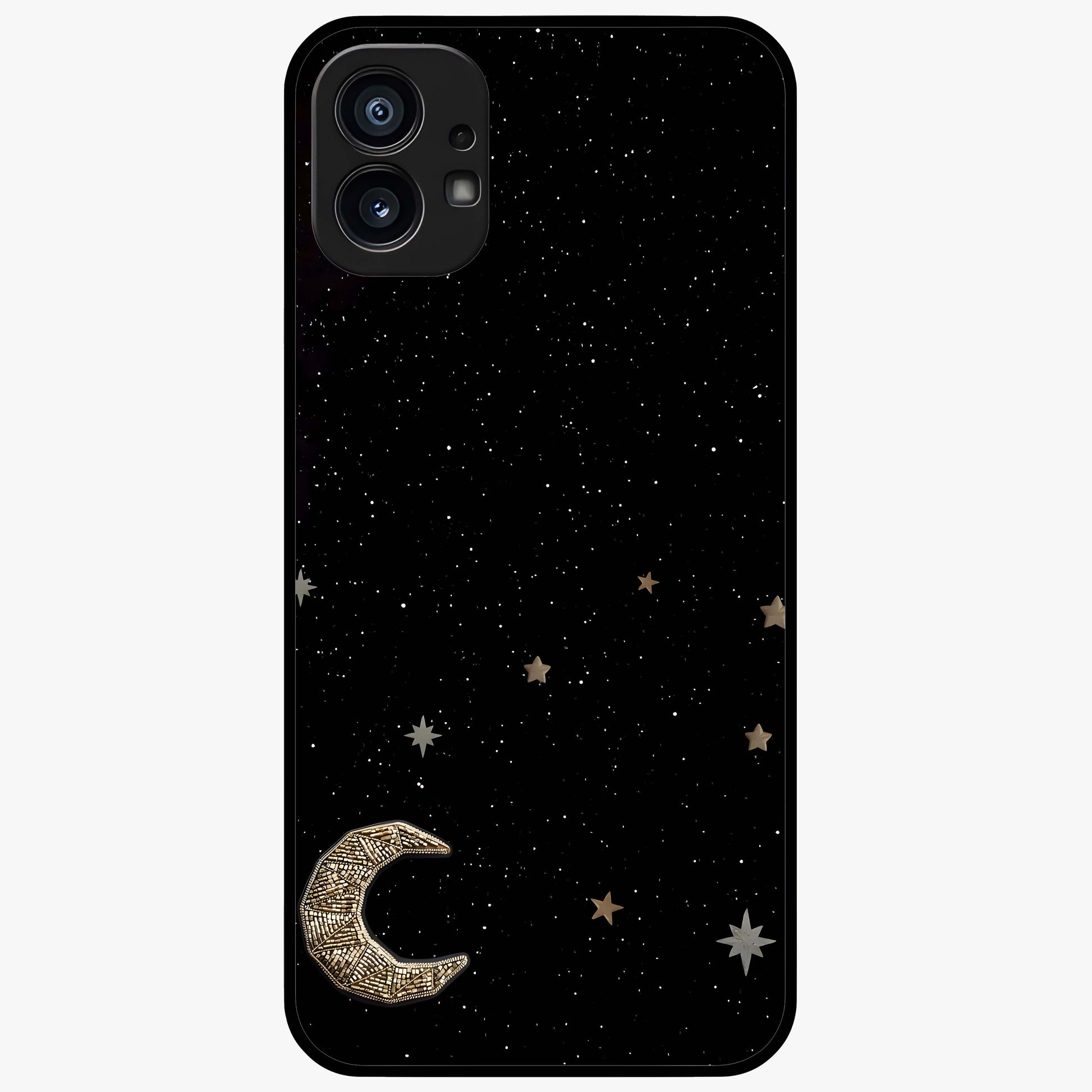 Twinkle Star With Half Moon Glass Case showing flat back view with star and half moon artwork and glossy glass finish.