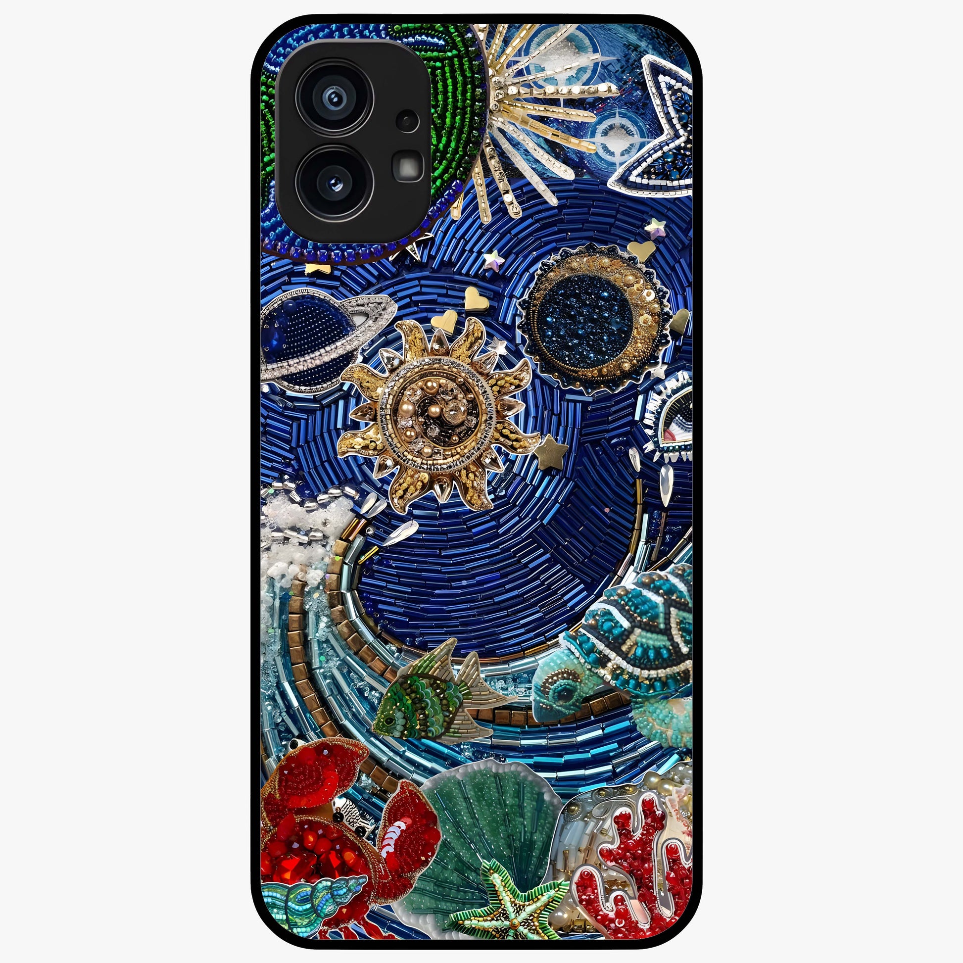 Universe Underwater Spark Glass Case showing flat back view with cosmic underwater themed artwork and glossy glass finish.