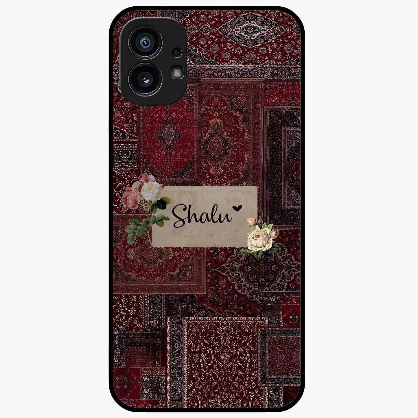 Velvet Wine Pattern Custom Name Glass Case showing flat back view with elegant wine colored pattern artwork and personalized name design.