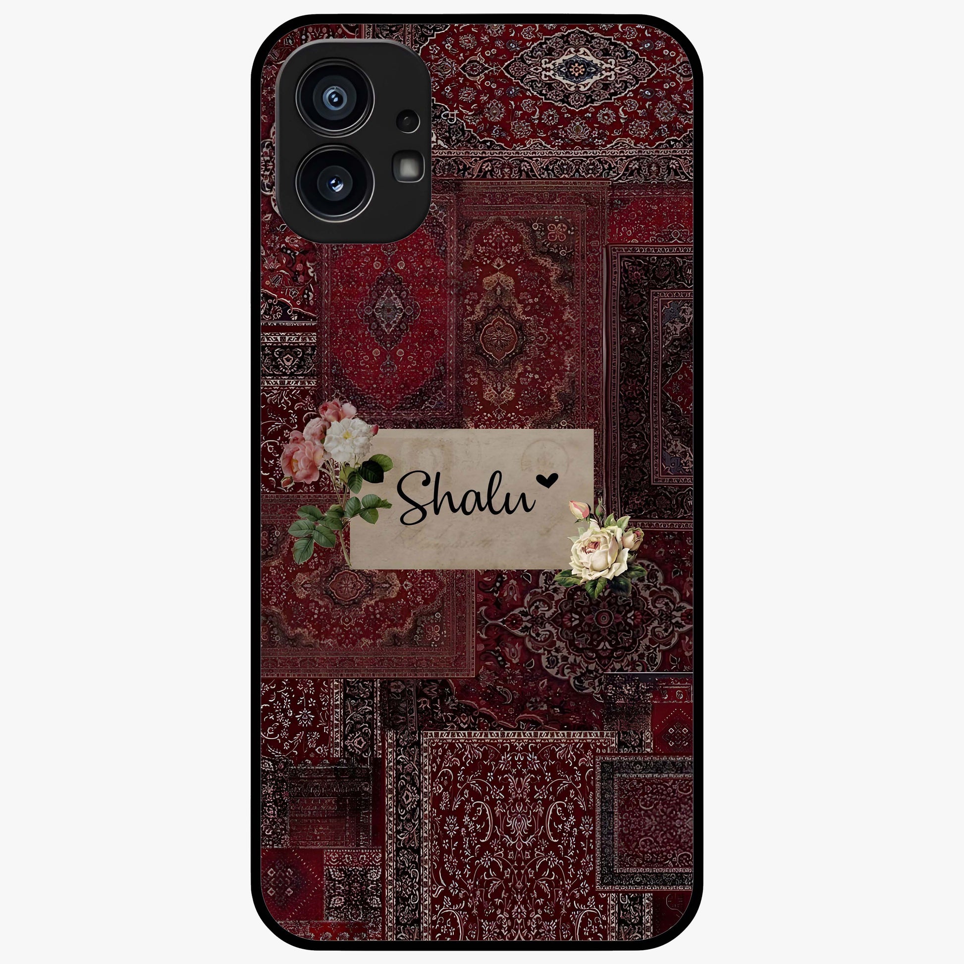 Velvet Wine Pattern Custom Name Glass Case showing flat back view with elegant wine colored pattern artwork and personalized name design.