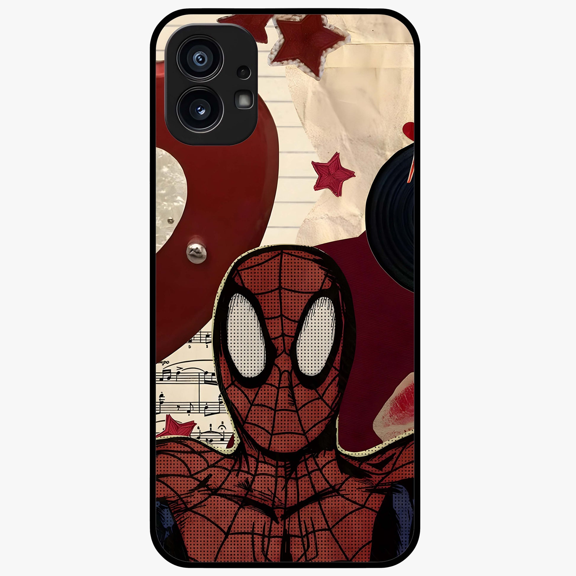 Web Warrior Vibes Glass Case showing flat back view with superhero inspired web themed artwork and glossy glass finish.