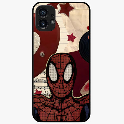 Web Warrior Vibes Glass Case showing flat back view with superhero inspired web themed artwork and glossy glass finish.