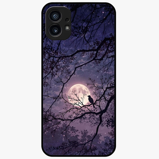 Whispering Moon Silence Glass Case showing flat back view with serene moon themed artwork and glossy glass finish.