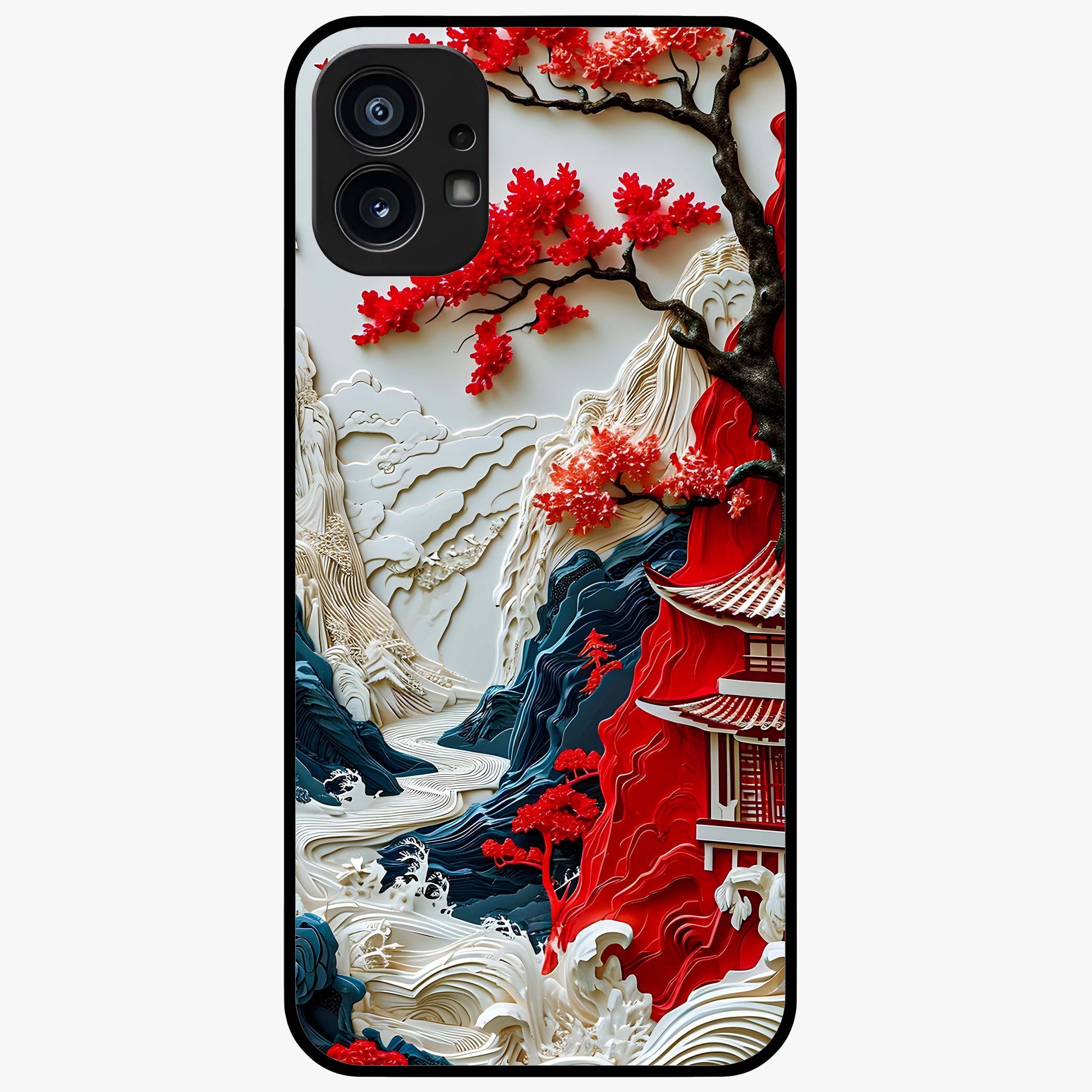 Whispers Of Sakura Waves Glass Case showing flat back view with cherry blossom wave artwork and glossy glass finish.