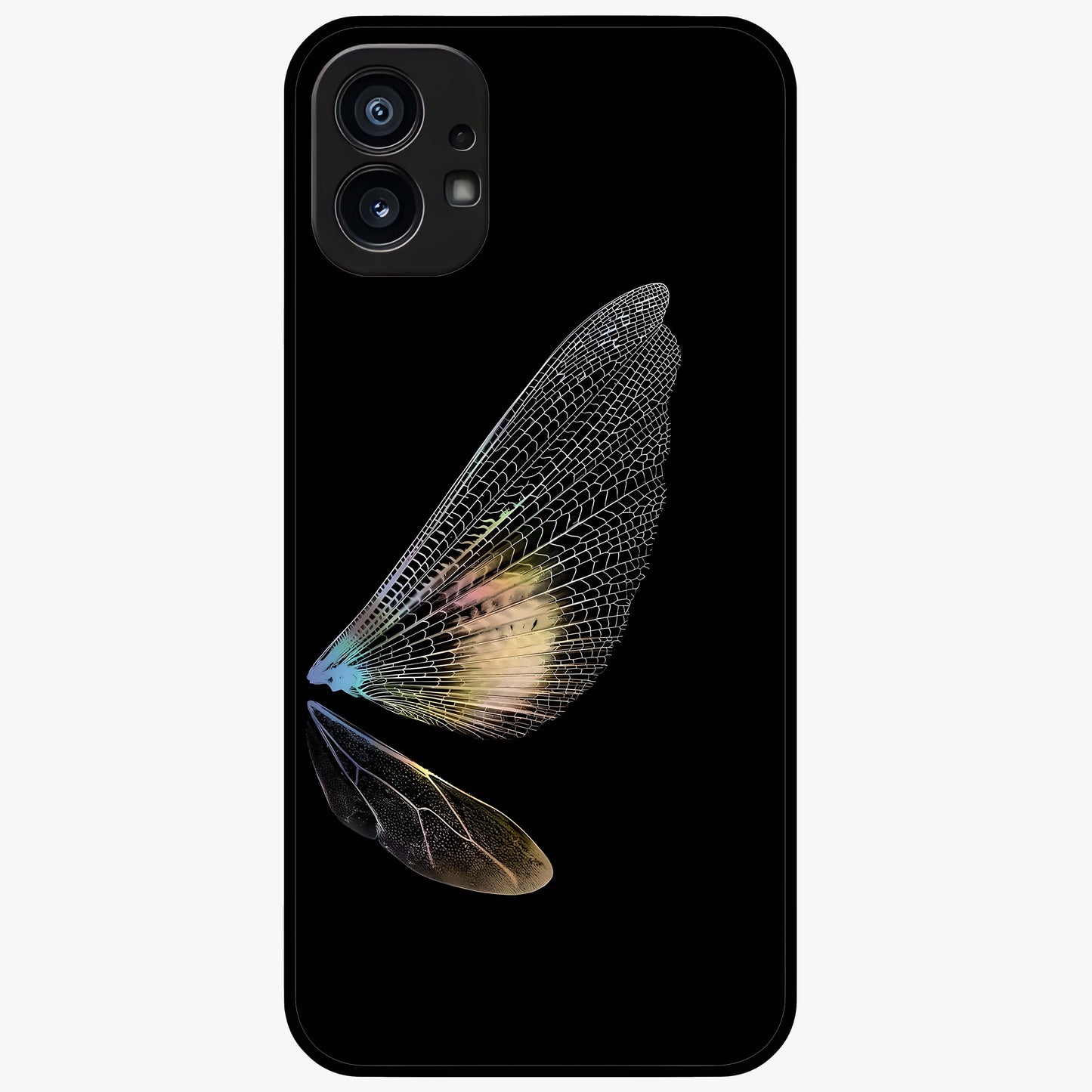 Whispers Of Wings Glass Case showing flat back view with graceful wing inspired artwork and glossy glass finish.