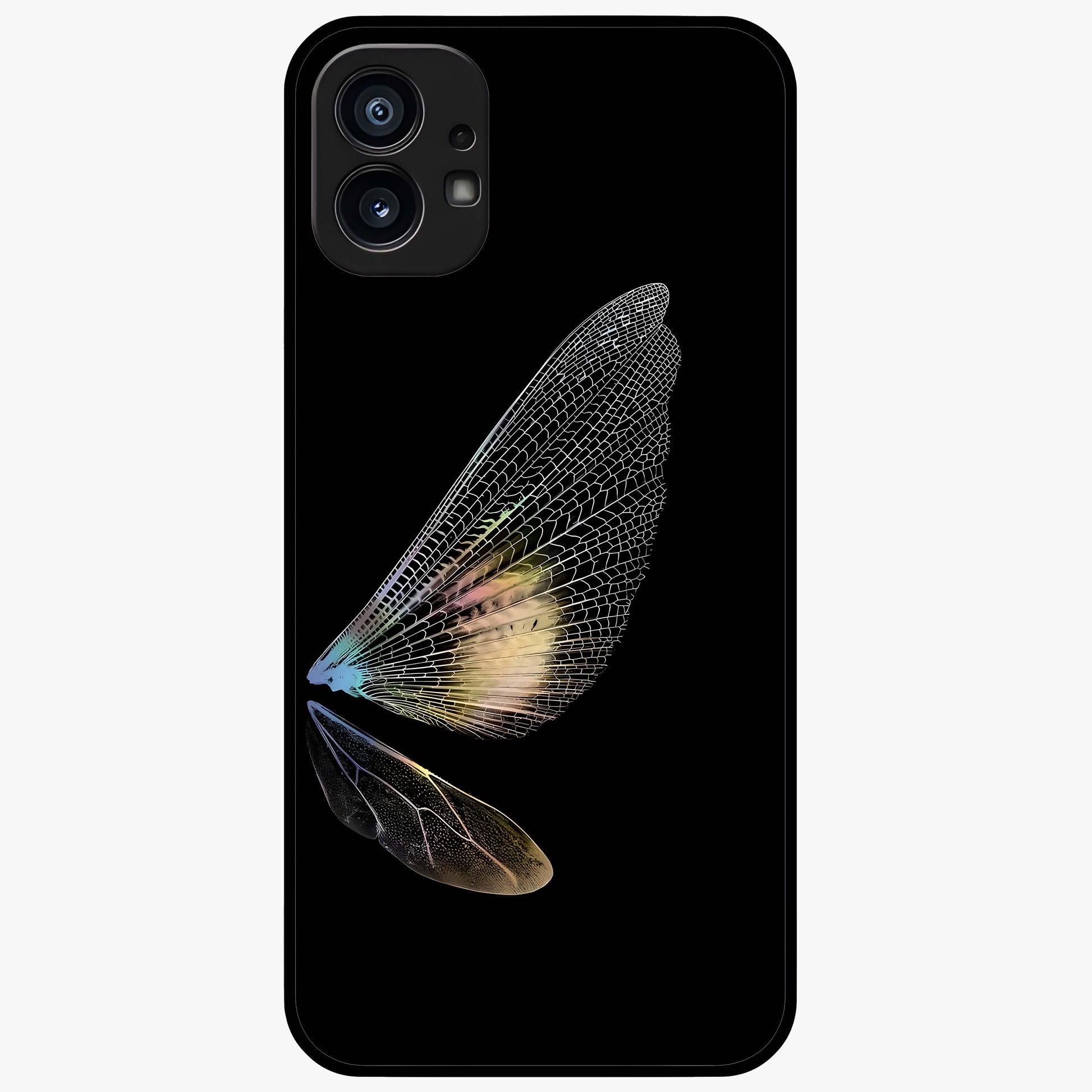 Whispers Of Wings Glass Case showing flat back view with graceful wing inspired artwork and glossy glass finish.