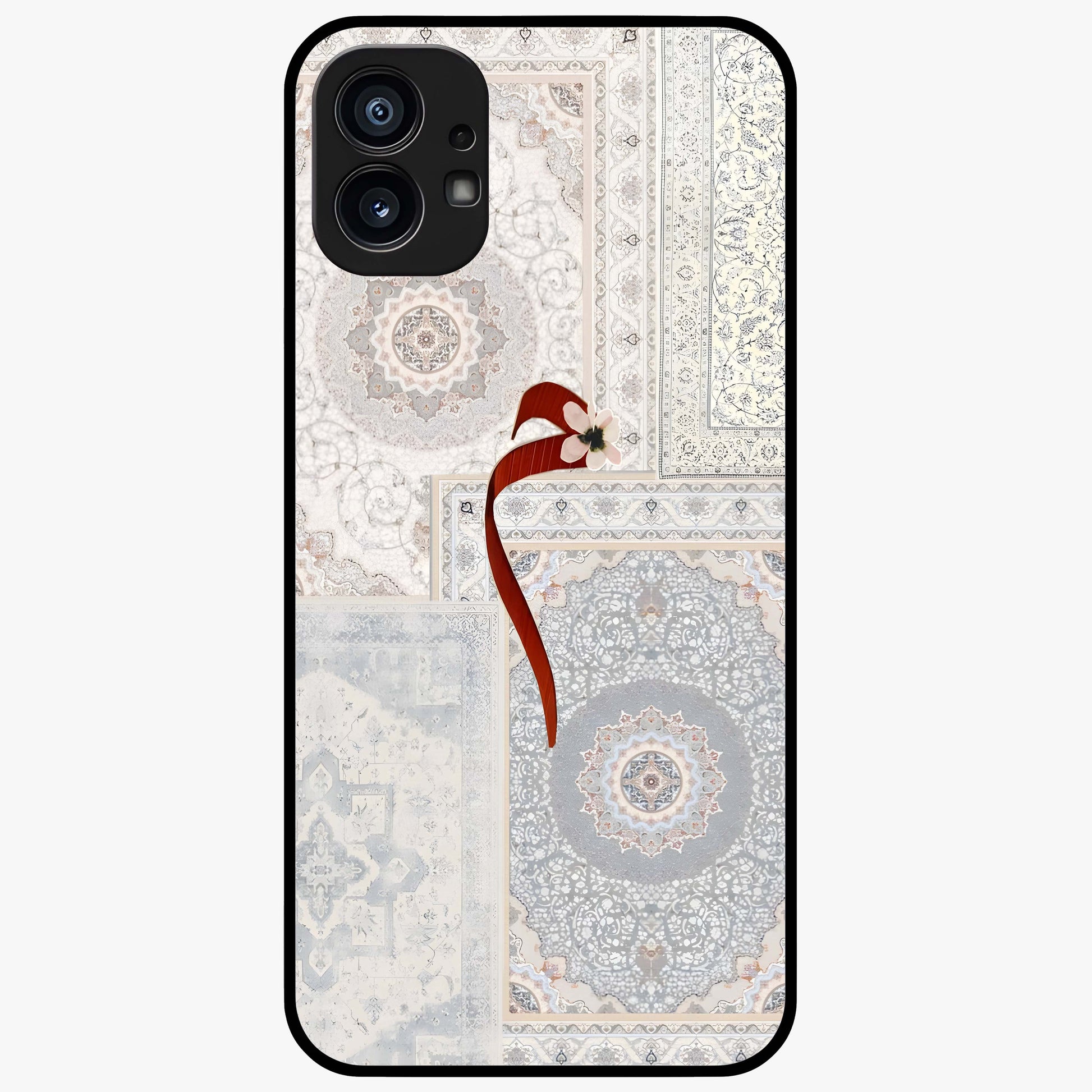 White Aesthetic Bow Glass Case showing flat back view with minimal bow artwork and glossy glass finish.