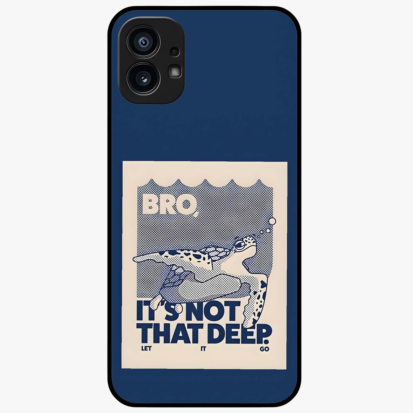 Worry Less Swim Glass Case showing flat back view with playful motivational artwork and glossy glass finish.