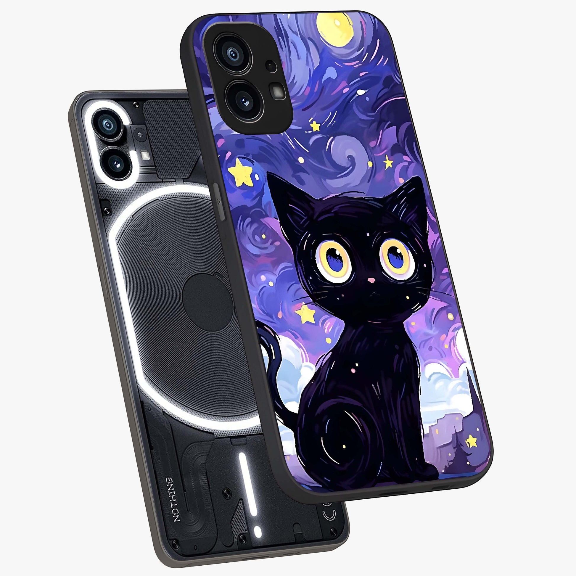 Abstract Cat Art Glass Case displayed in angled mockup highlighting modern abstract cat artwork and sleek glass surface.