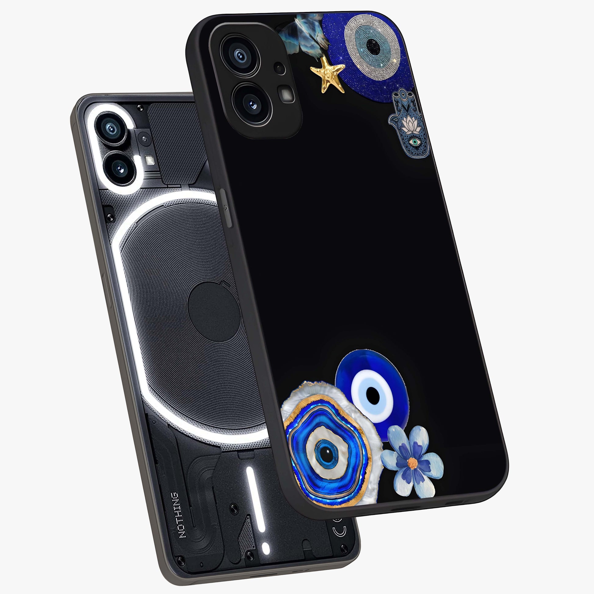 Aesthetic Blue Evil Eye Glass Case displayed in angled mockup highlighting blue evil eye symbol and spiritual aesthetic design.