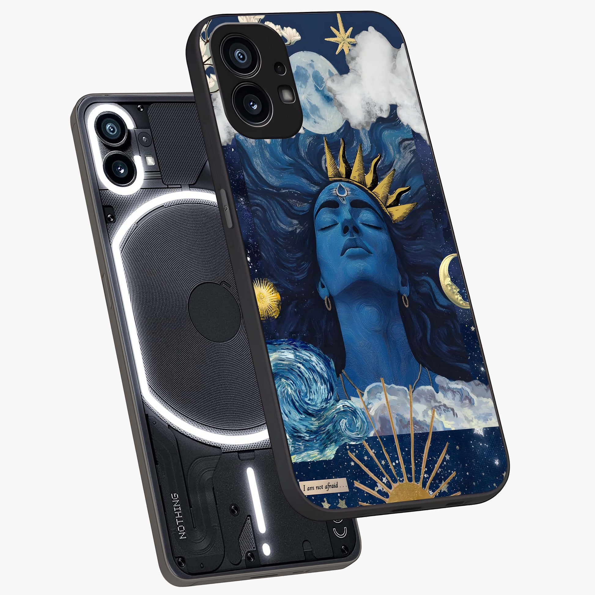 Aesthetic Lord Shiva Glass Case displayed in angled mockup highlighting spiritual Shiva illustration and sacred aesthetic design.