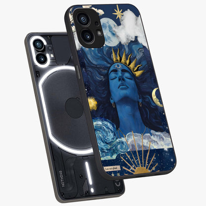 Aesthetic Lord Shiva Glass Case displayed in angled mockup highlighting spiritual Shiva illustration and sacred aesthetic design.