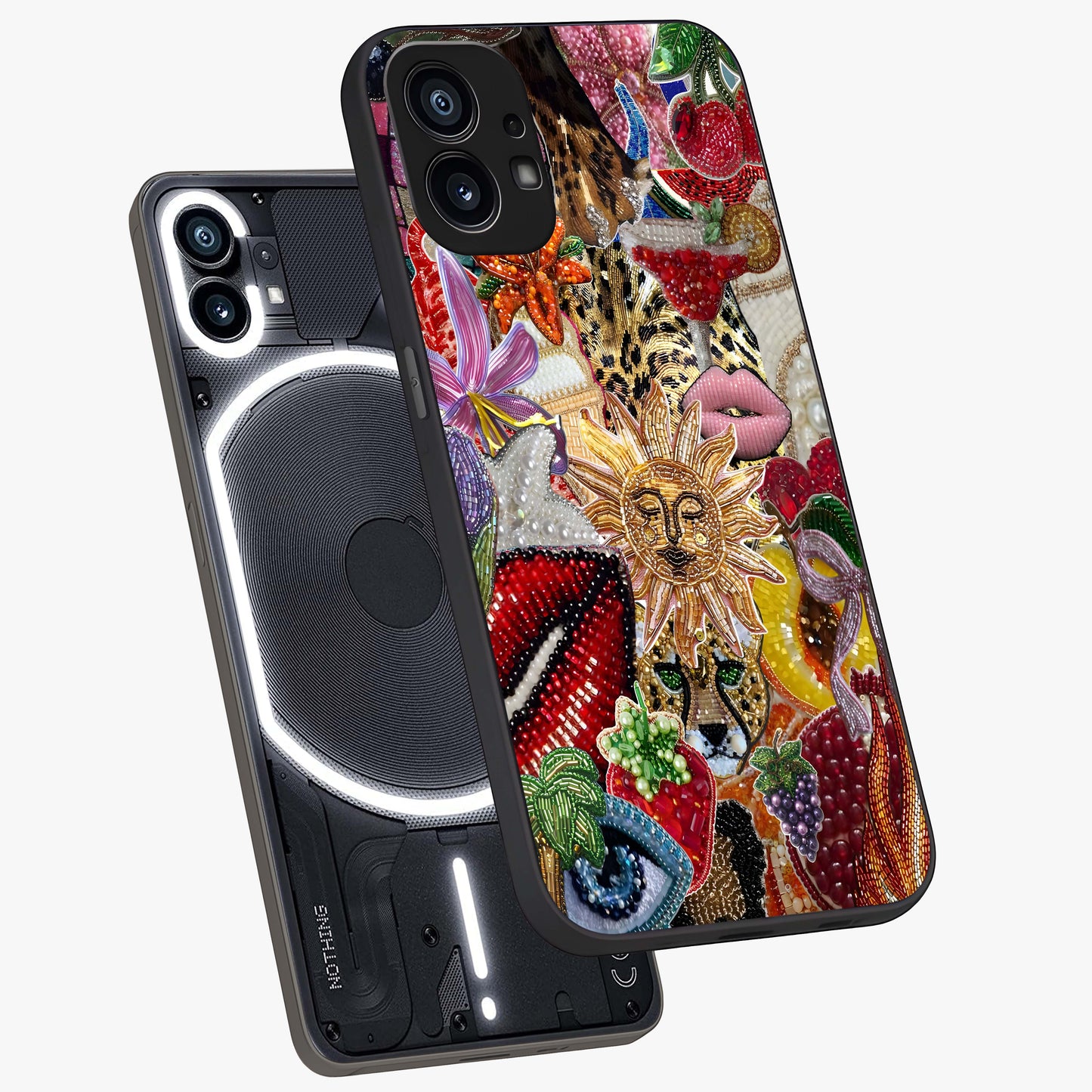 Beaded Fashion Jungle Glass Case displayed in angled mockup highlighting colorful fashion bead design and artistic pattern.