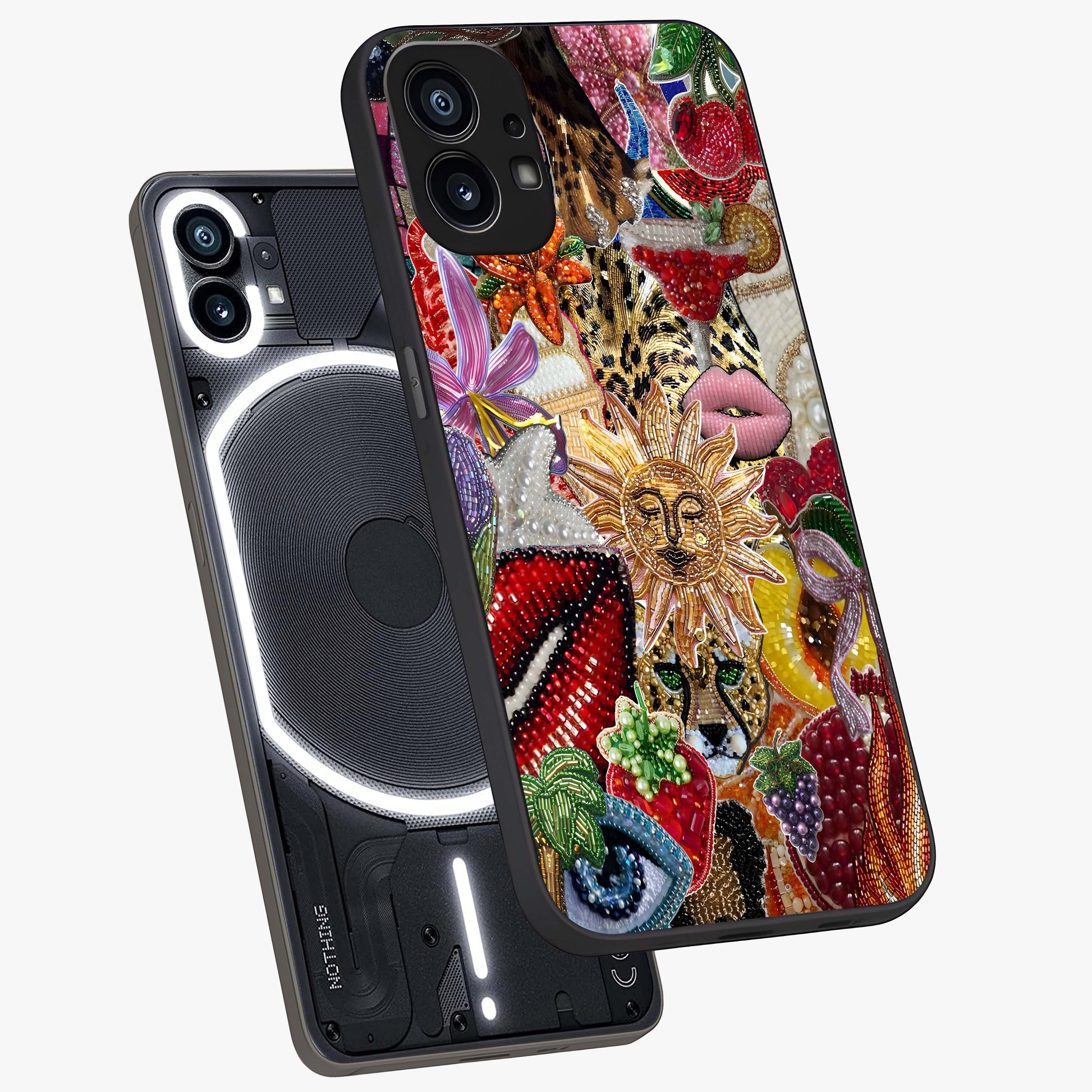 Beaded Fashion Jungle Glass Case displayed in angled mockup highlighting colorful fashion bead design and artistic pattern.