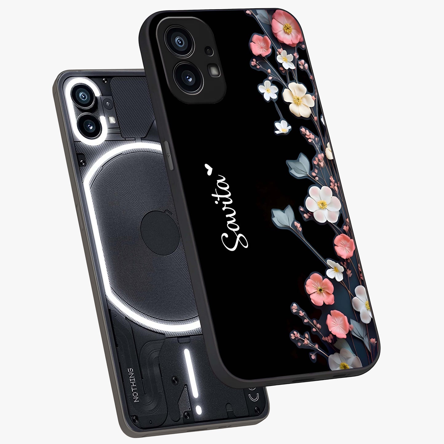 Black Elegance Floral Custom Name Glass Case displayed in angled mockup highlighting dark floral aesthetic and custom name feature.