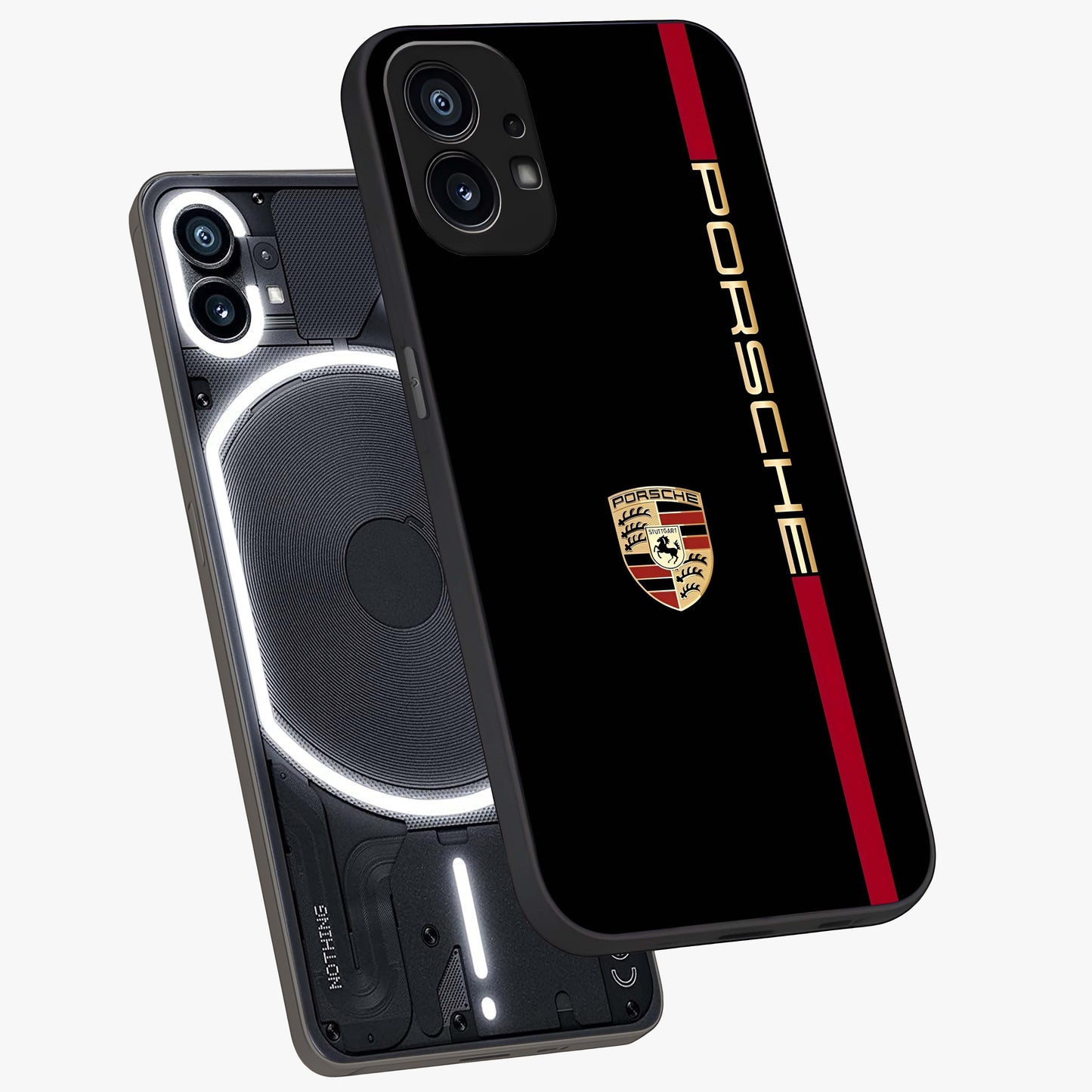 Black Minimal Porsche Glass Case displayed in angled mockup highlighting modern minimal car illustration and clean aesthetic design.