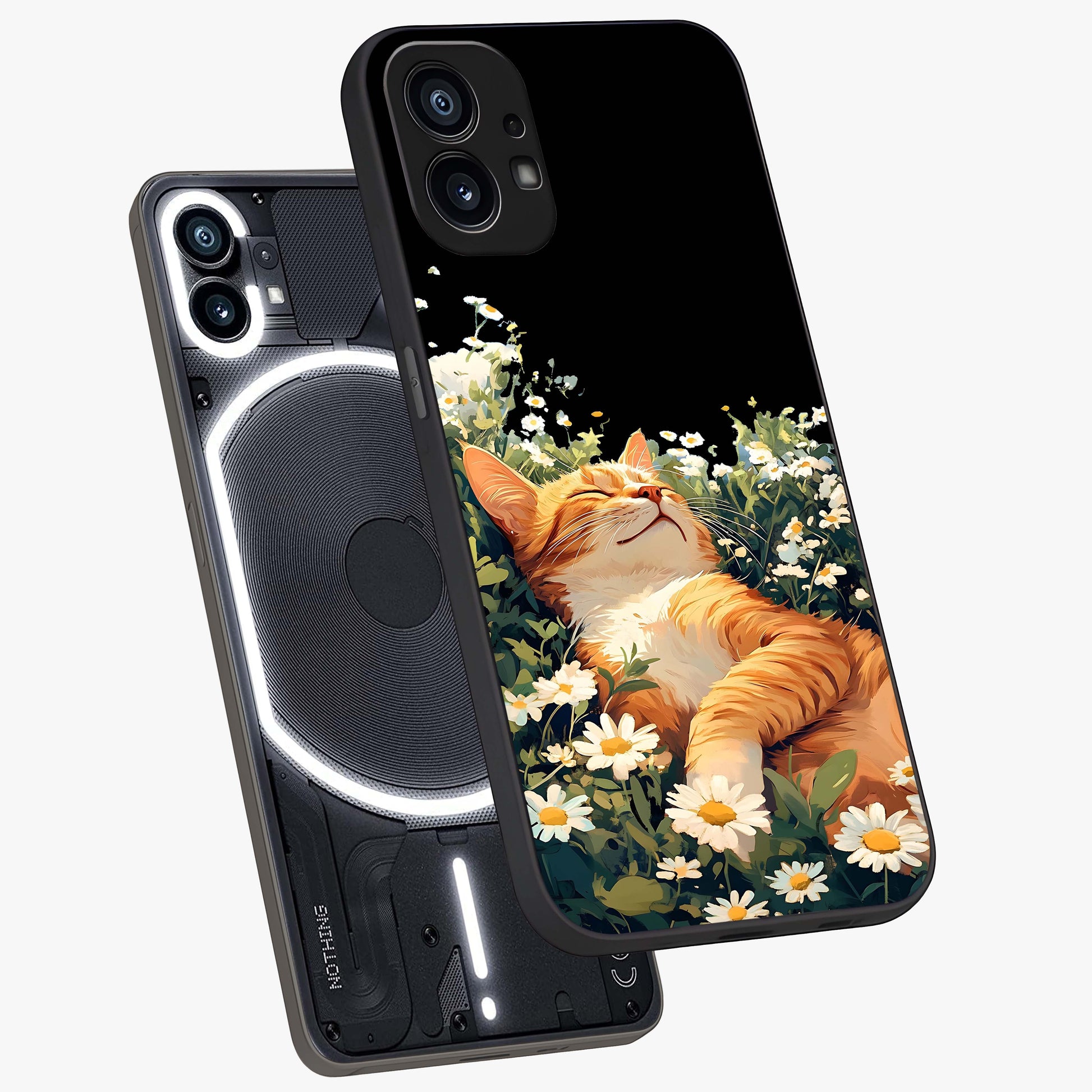 Blissful Bloom Cat Glass Case displayed in angled mockup highlighting playful feline illustration with soft floral aesthetic.