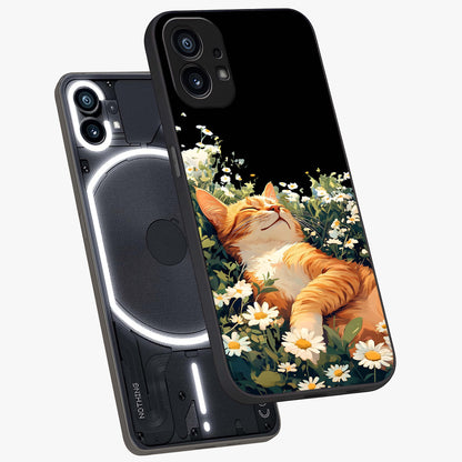 Blissful Bloom Cat Glass Case displayed in angled mockup highlighting playful feline illustration with soft floral aesthetic.