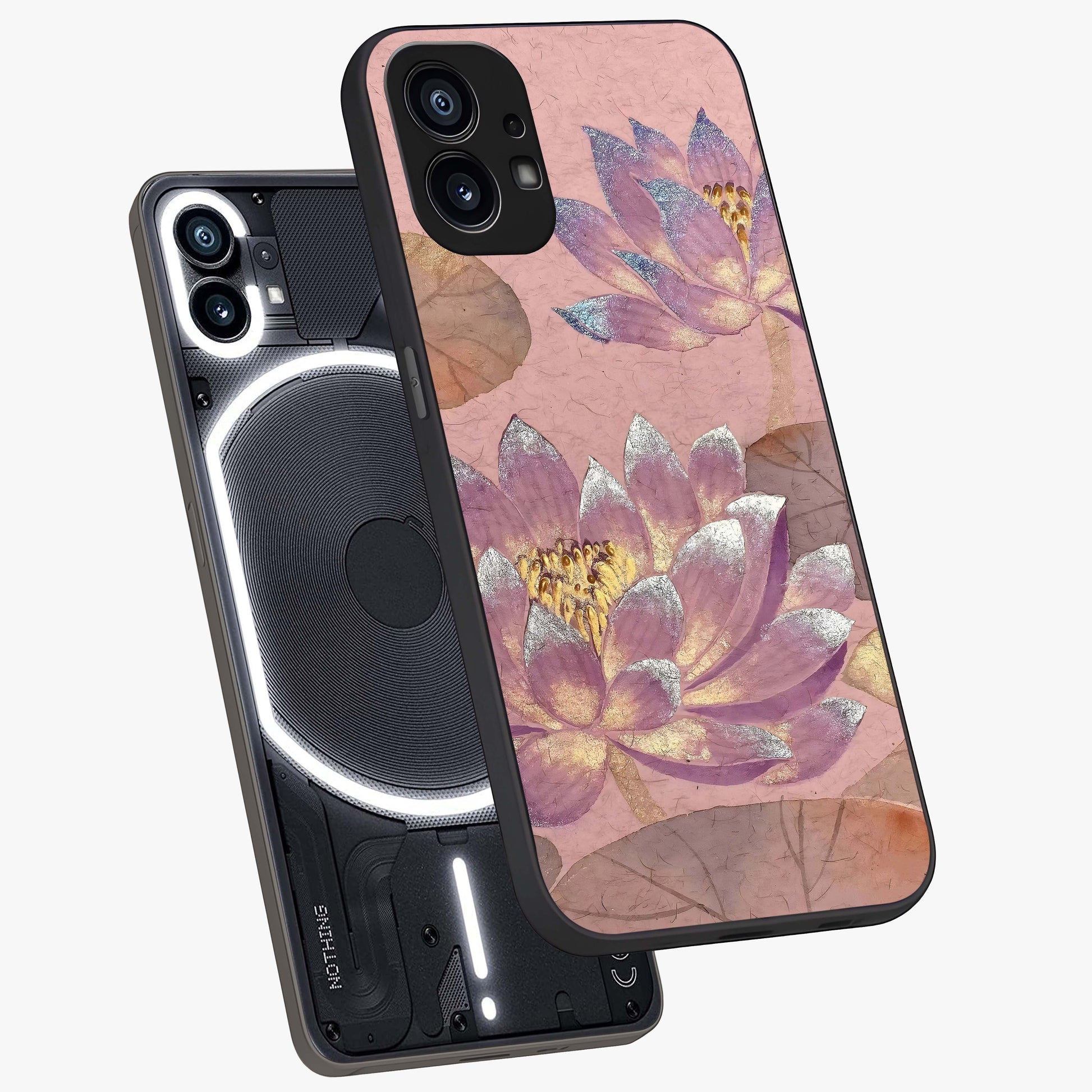 Blossom Mist Lotus Glass Case displayed in angled mockup highlighting delicate lotus illustration with calm aesthetic theme.