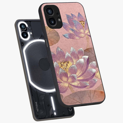 Blossom Mist Lotus Glass Case displayed in angled mockup highlighting delicate lotus illustration with calm aesthetic theme.