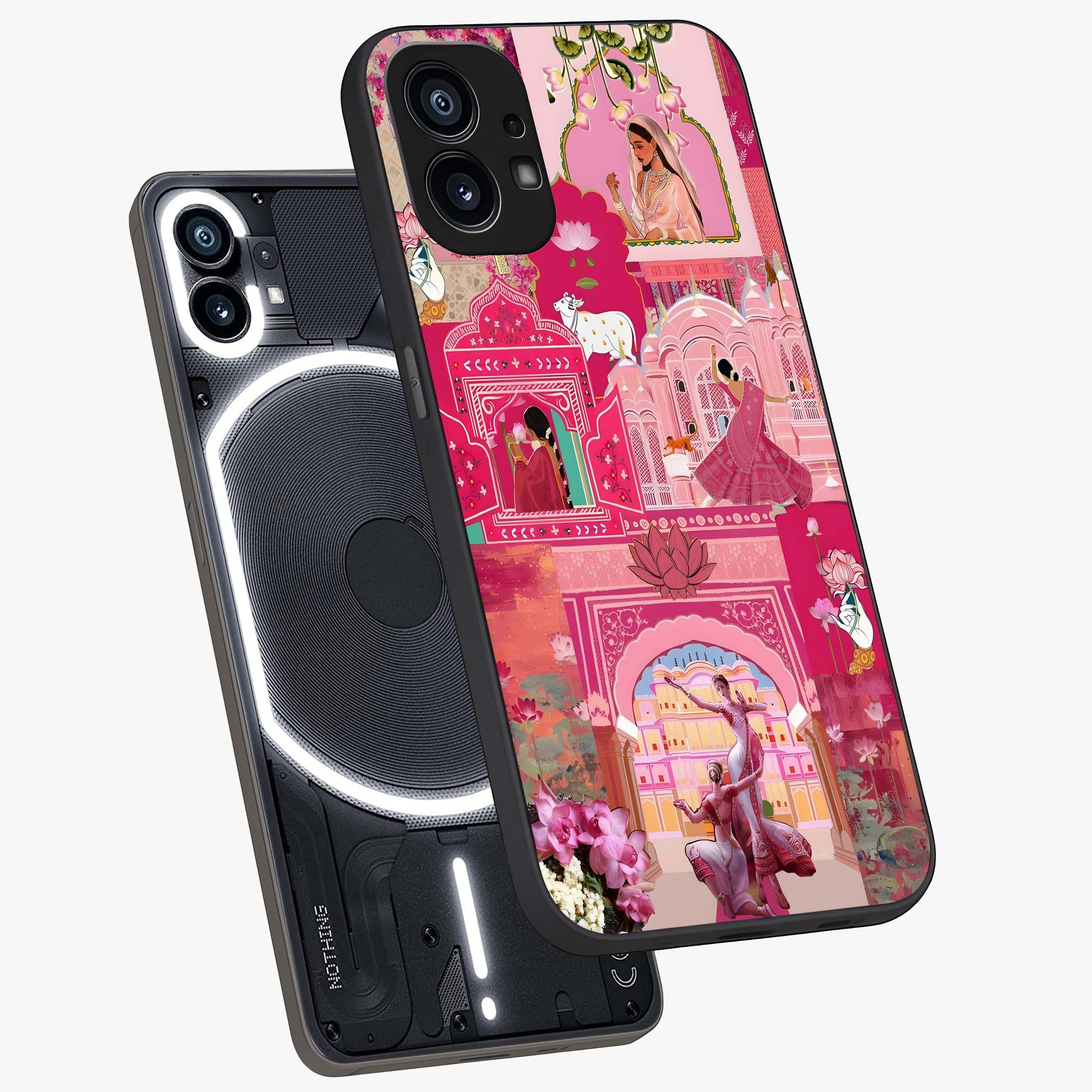Blossoms of Rajasthan Glass Case displayed in angled mockup highlighting vibrant floral pattern with cultural aesthetic style.