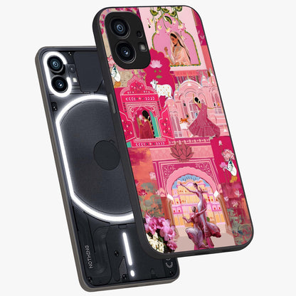 Blossoms of Rajasthan Glass Case displayed in angled mockup highlighting vibrant floral pattern with cultural aesthetic style.