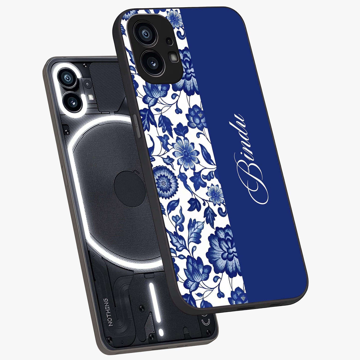 Blue Vintage Floral Pattern Glass Case displayed in angled mockup highlighting subtle bloom pattern with aesthetic pastel design.