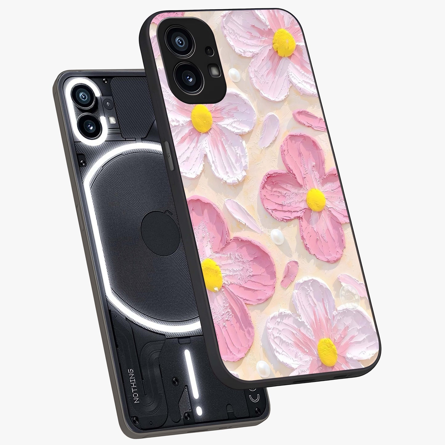 Blush Bloom Texture Glass Case displayed in angled mockup highlighting subtle bloom pattern with aesthetic pastel design.