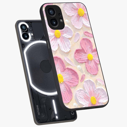 Blush Bloom Texture Glass Case displayed in angled mockup highlighting subtle bloom pattern with aesthetic pastel design.