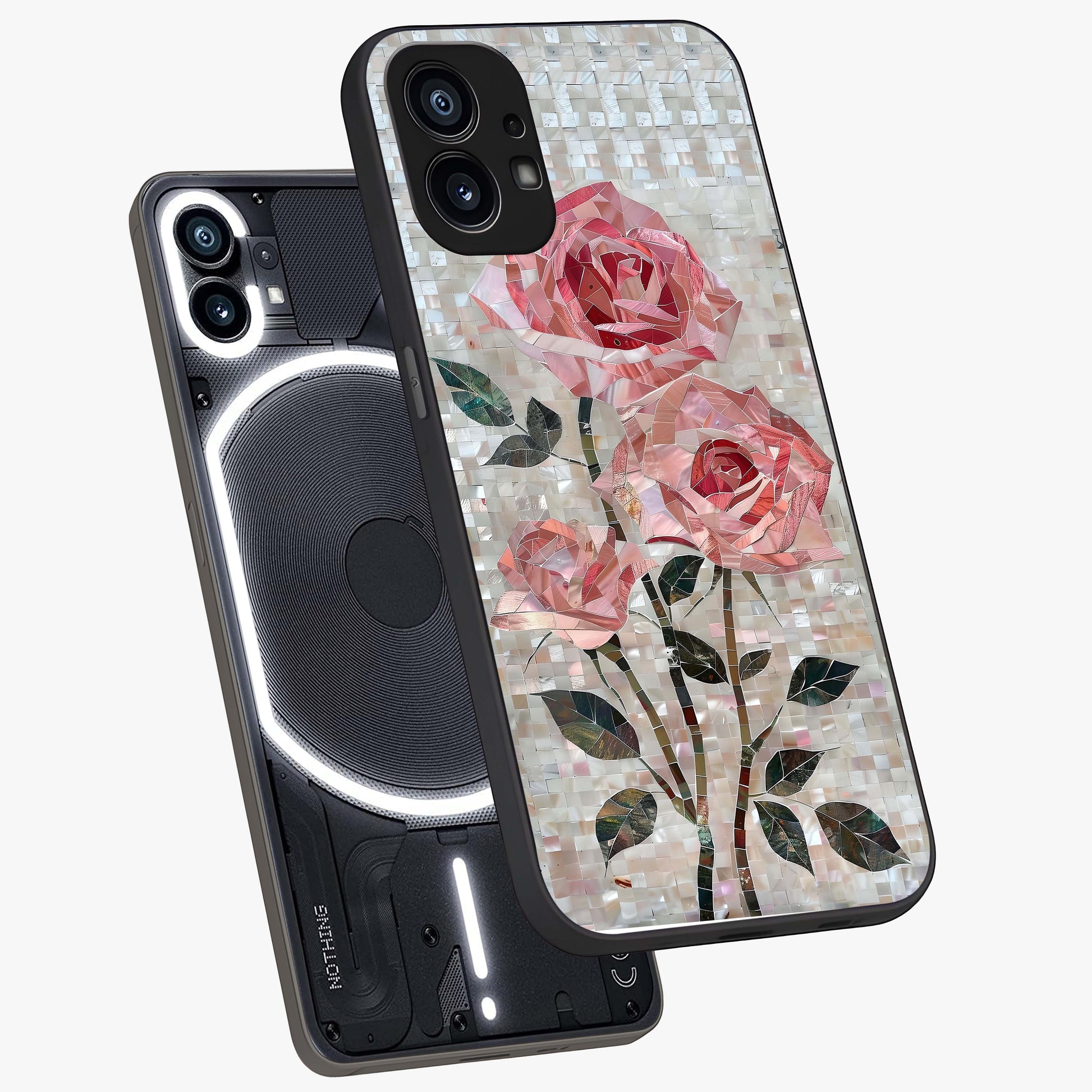 Blush Mosaic Bloom Glass Case displayed in angled mockup highlighting artistic mosaic flower pattern with aesthetic design.