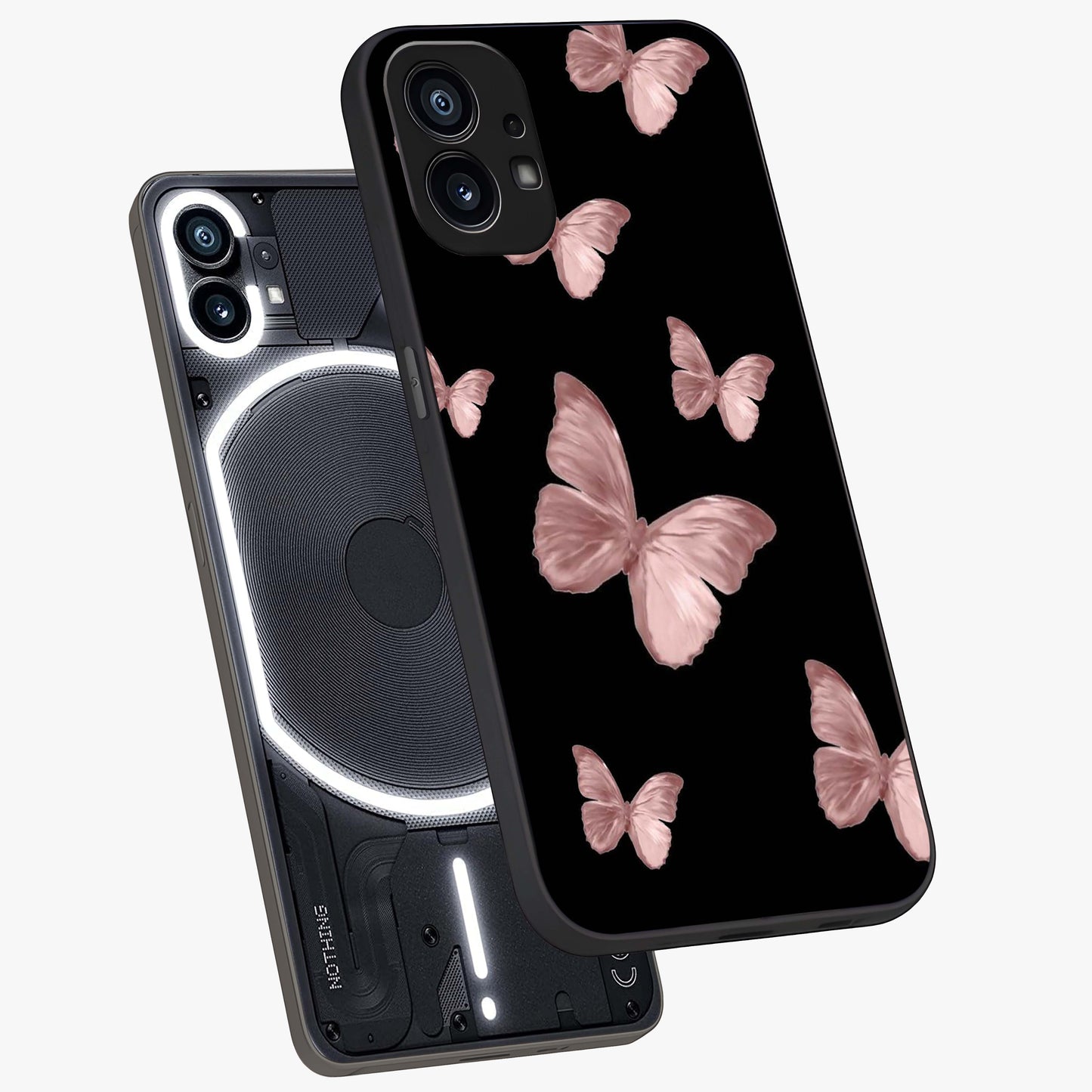 Butterfly Pattern Glass Case displayed in angled mockup highlighting delicate butterfly design and aesthetic pattern style.