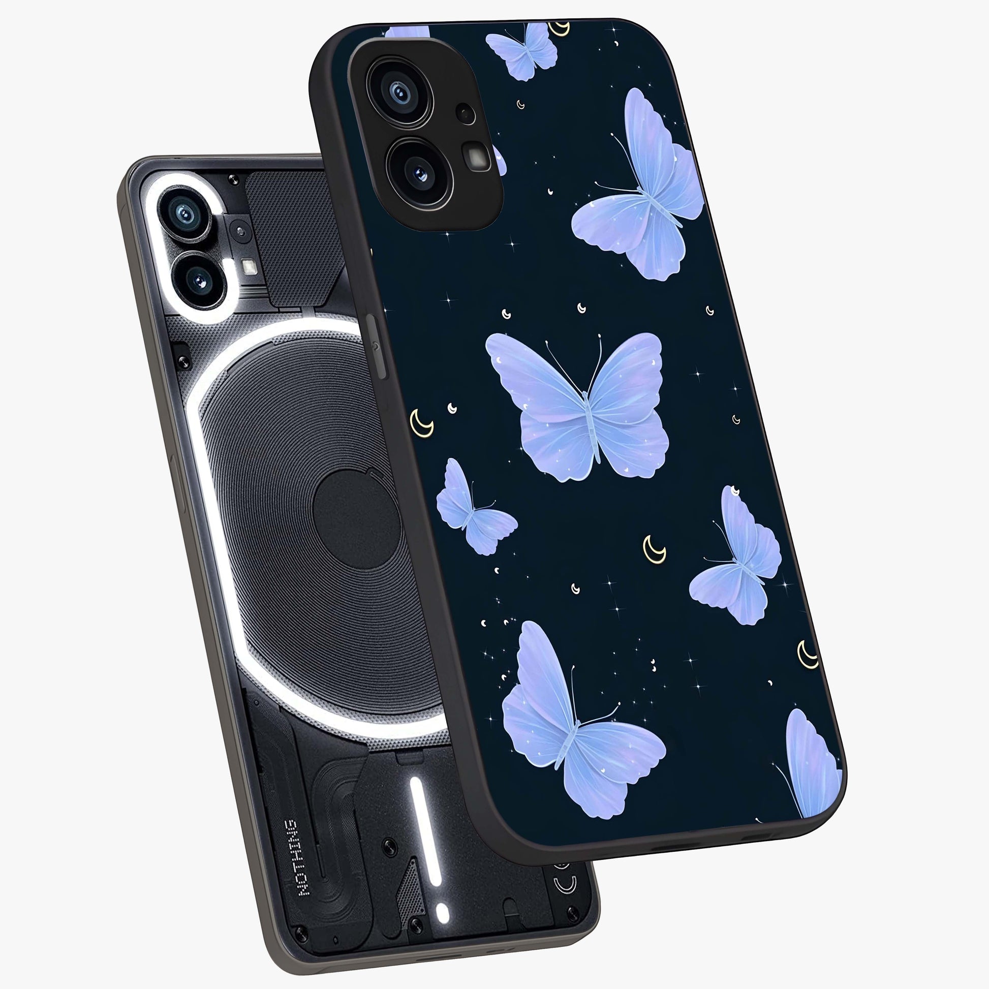 Butterfly With Stars Pattern Glass Case displayed in angled mockup highlighting dreamy butterfly and star design with aesthetic theme.
