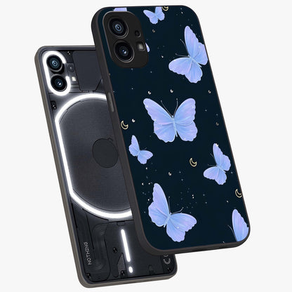 Butterfly With Stars Pattern Glass Case displayed in angled mockup highlighting dreamy butterfly and star design with aesthetic theme.