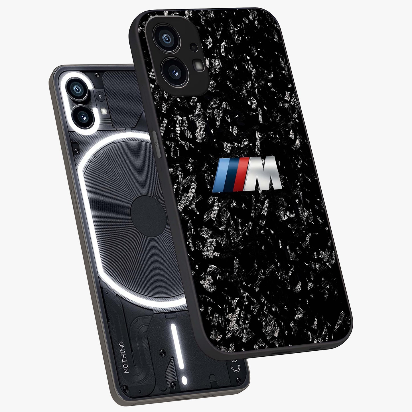 Carbon Speed Mark Glass Case displayed in angled mockup highlighting racing inspired carbon design and sleek aesthetic style.