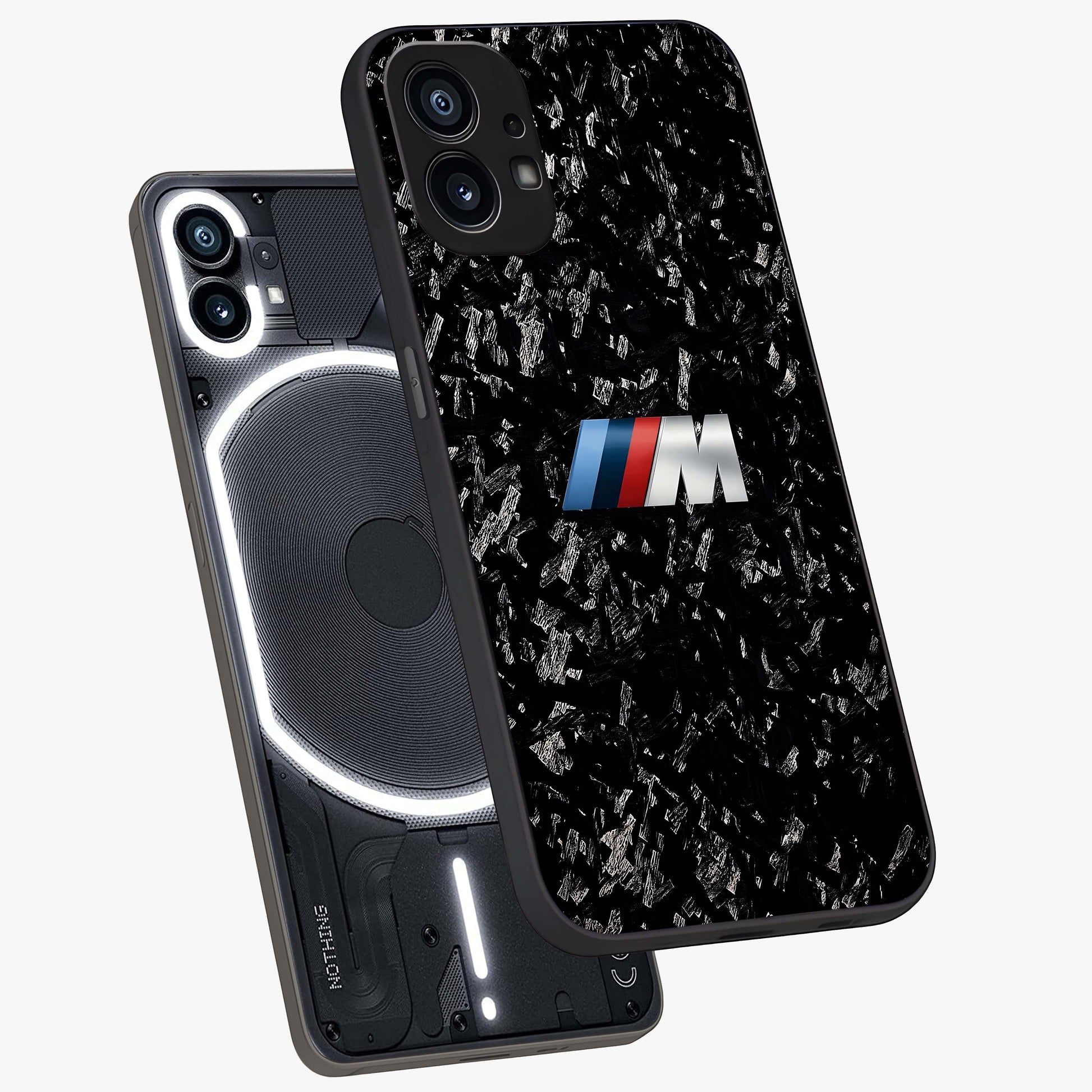 Carbon Speed Mark Glass Case displayed in angled mockup highlighting racing inspired carbon design and sleek aesthetic style.
