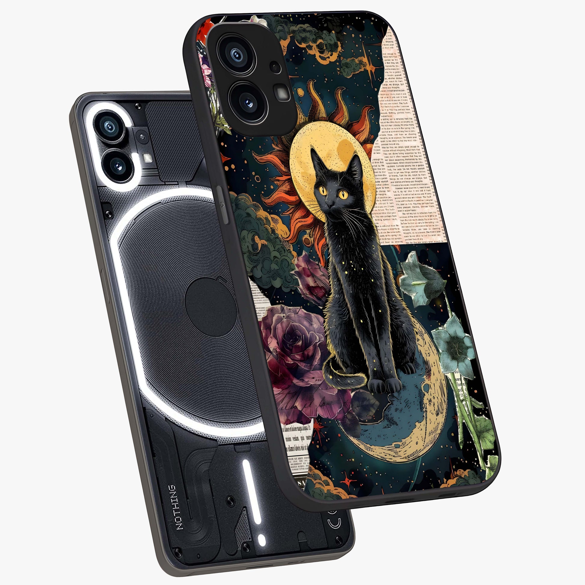 Celestial Black Cat Glass Case displayed in angled mockup highlighting cosmic black cat design with celestial aesthetic.
