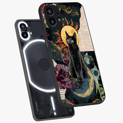 Celestial Black Cat Glass Case displayed in angled mockup highlighting cosmic black cat design with celestial aesthetic.