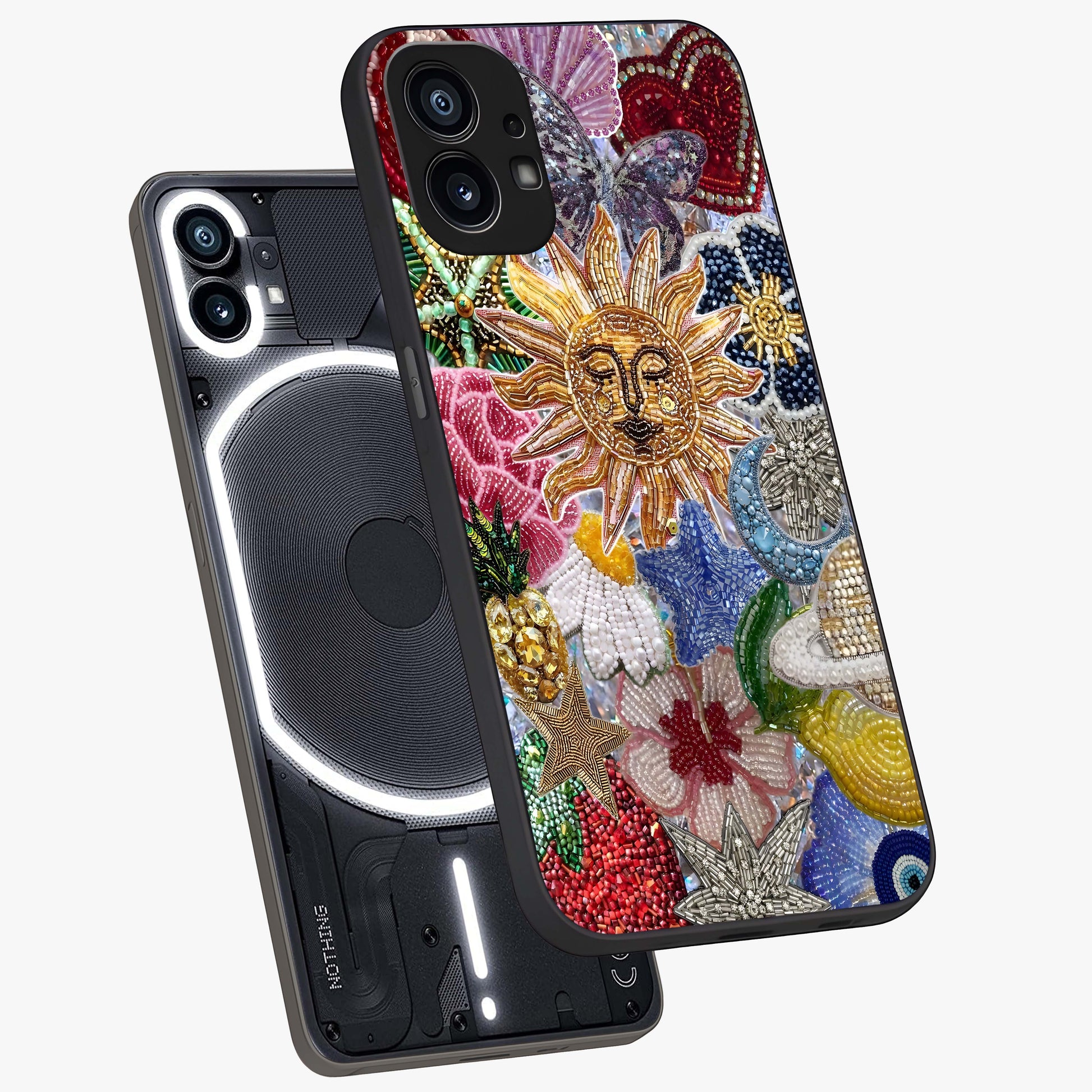 Celestial Floral and Playful Glass Case displayed in angled mockup highlighting playful floral design with dreamy celestial elements.