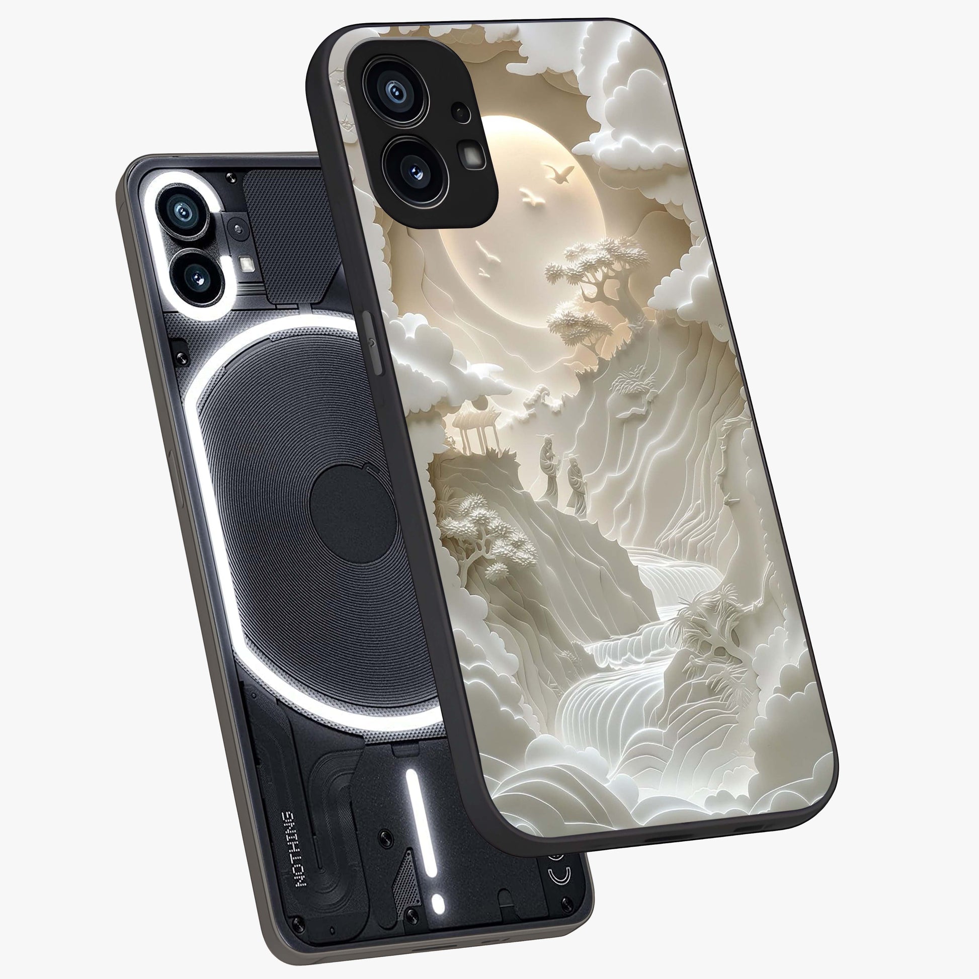 Celestial Origami Glass Case displayed in angled mockup highlighting geometric origami design with cosmic aesthetic theme.