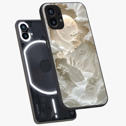 Celestial Origami Glass Case displayed in angled mockup highlighting geometric origami design with cosmic aesthetic theme.