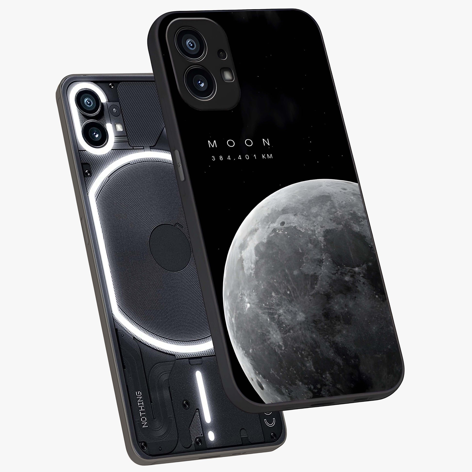 Cosmic Moon Glow Glass Case displayed in angled mockup highlighting celestial moon design with cosmic aesthetic theme.