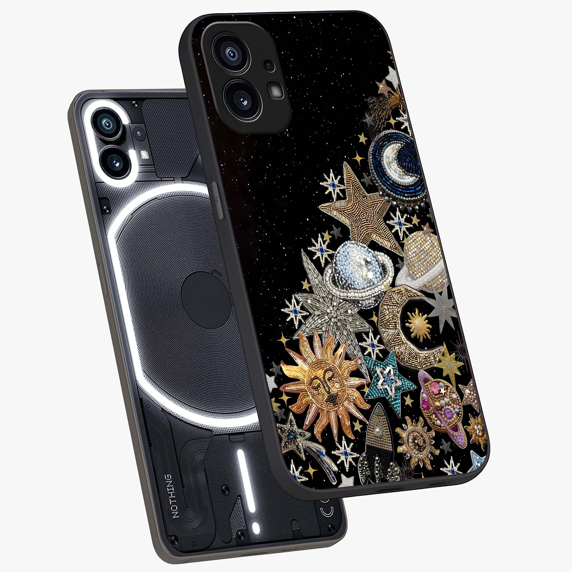 Cosmic Sparkle Dreams Glass Case displayed in angled mockup highlighting dreamy star sparkle design with celestial aesthetic.