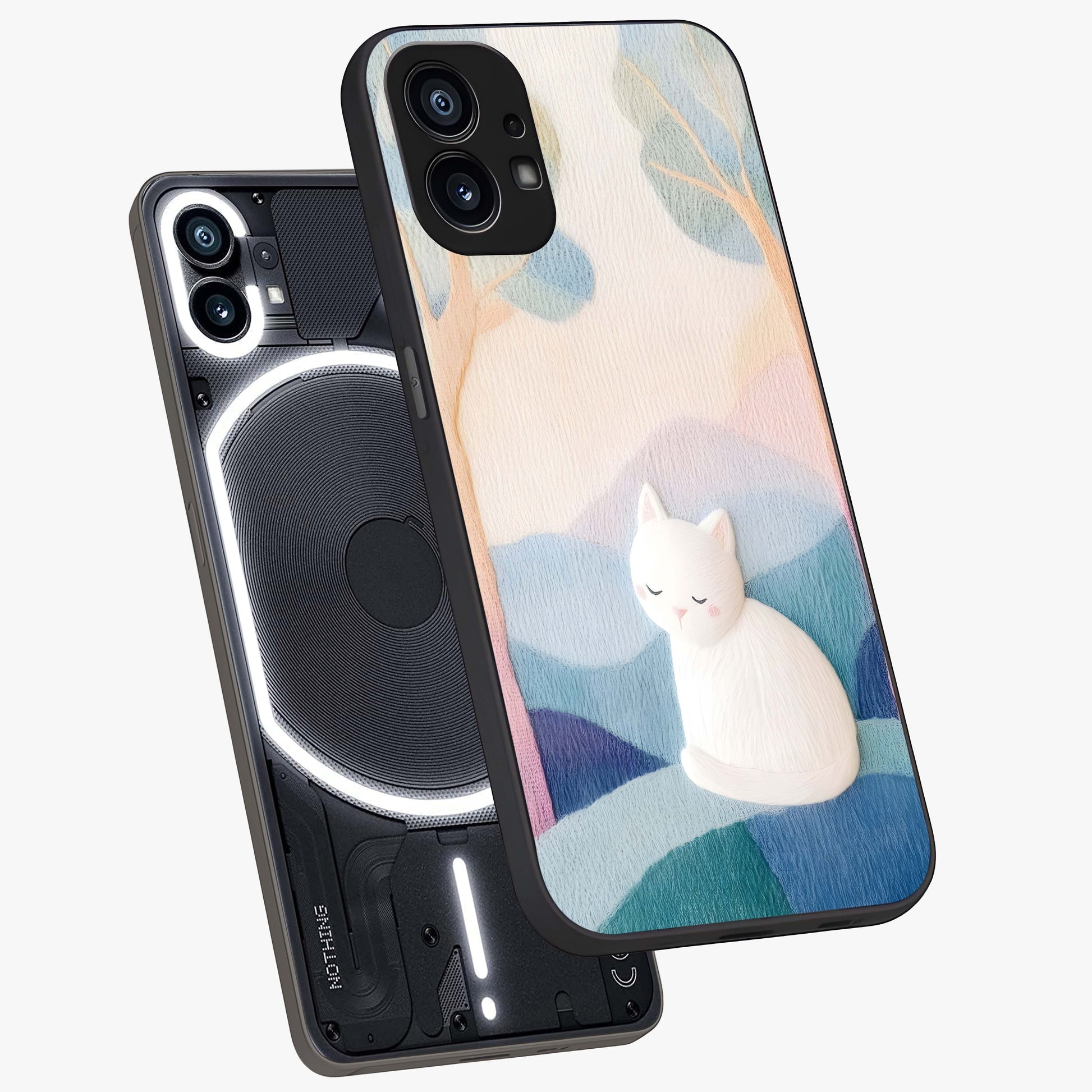 Cotton Dream Cat Glass Case displayed in angled mockup highlighting cute feline illustration with pastel aesthetic style.