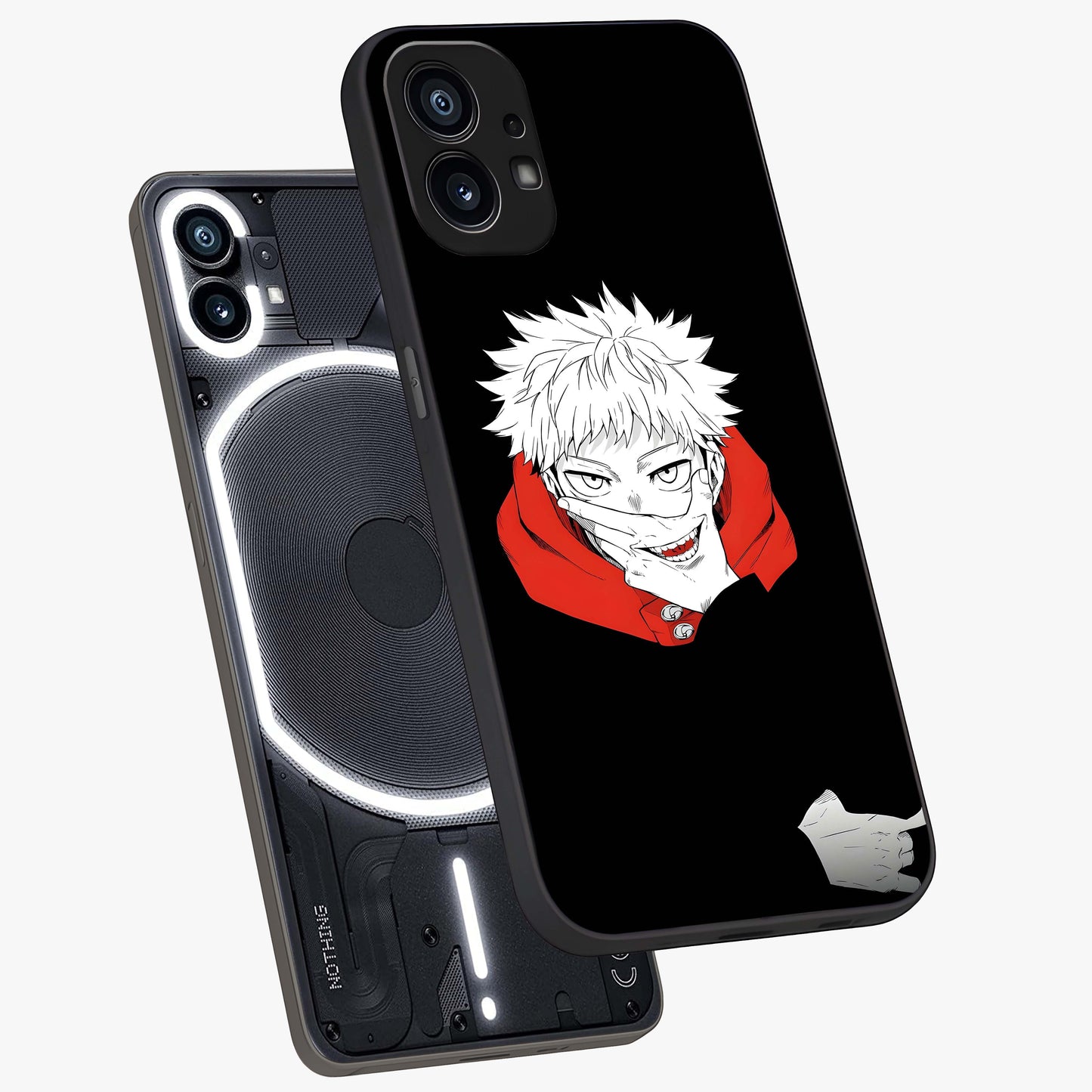 Crimson Chaos Smile Glass Case displayed in angled mockup highlighting edgy crimson smile design with graphic aesthetic.
