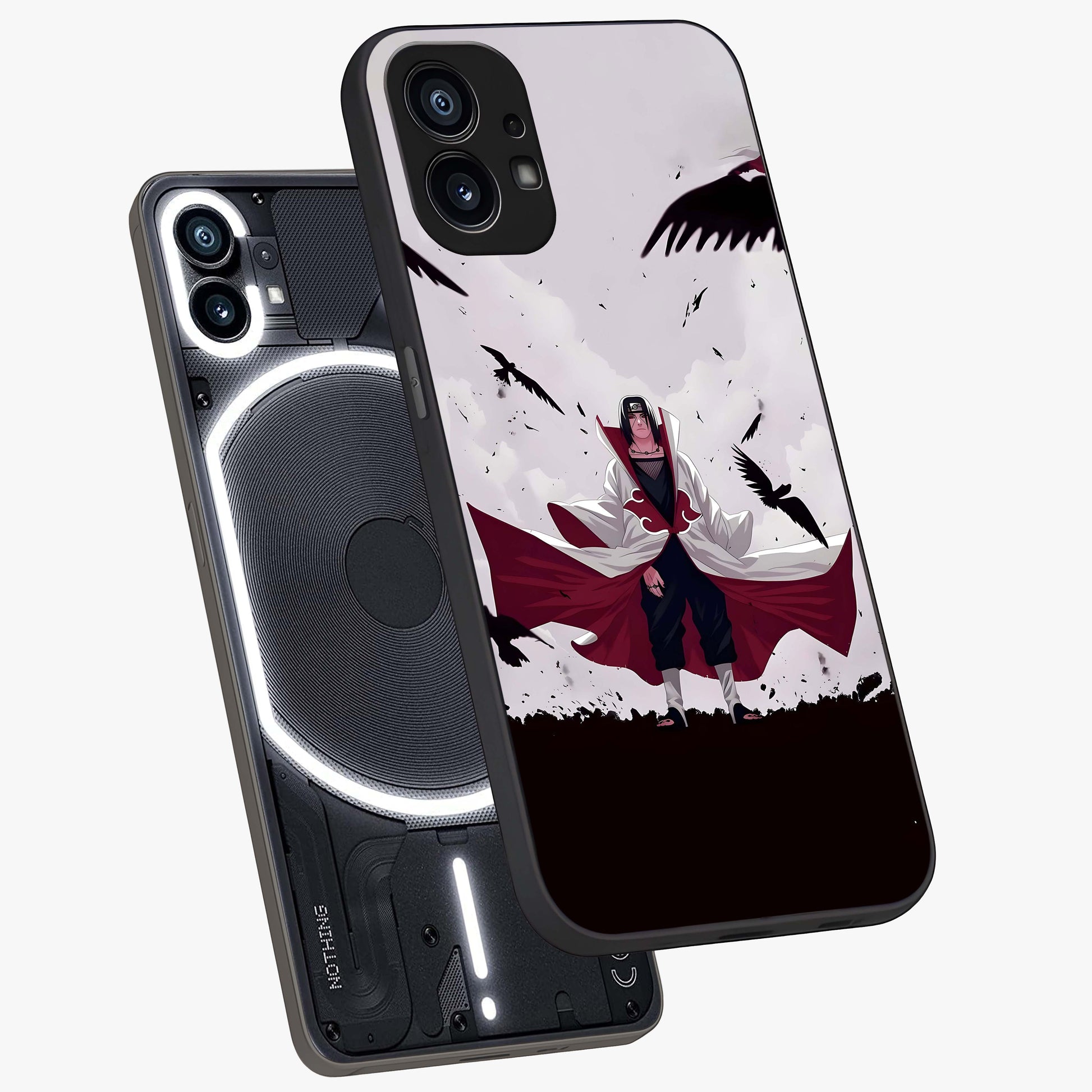 Crimson Crow Ascension Glass Case displayed in angled mockup highlighting powerful crow illustration with dark crimson aesthetic.