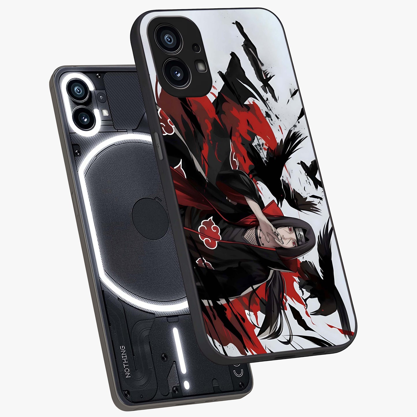 Crimson Crow Illusion Glass Case displayed in angled mockup highlighting mysterious crow graphic with dark aesthetic style.