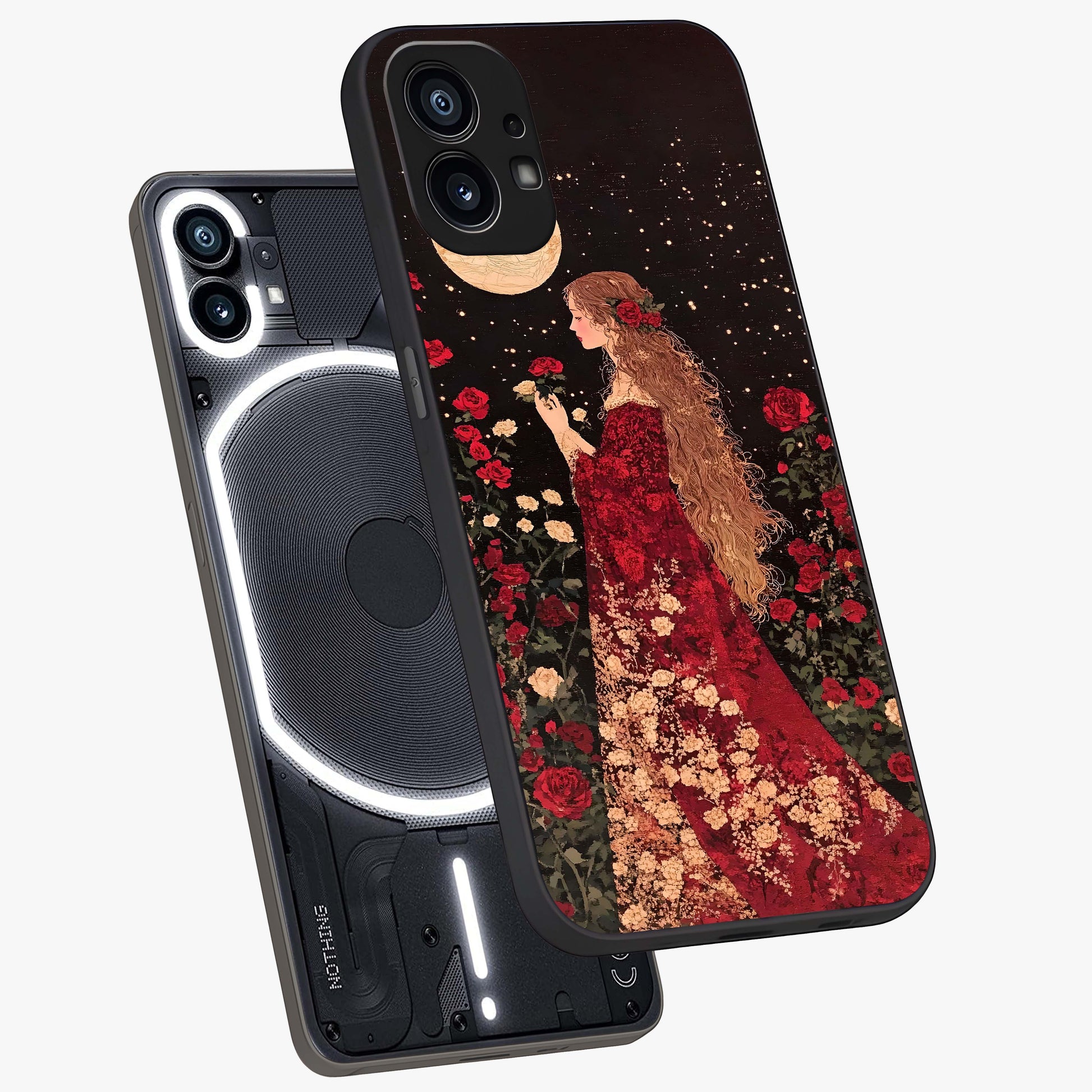 Crimson Dreams Glass Case displayed in angled mockup highlighting soft crimson aesthetic design with artistic theme.