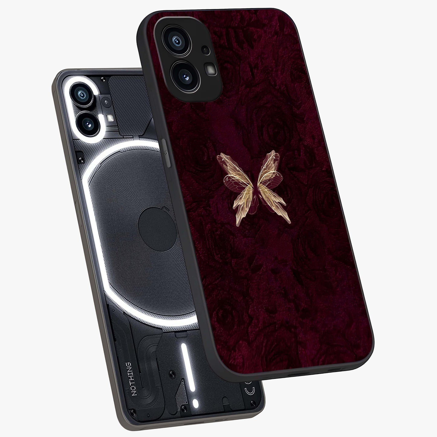 Crimson Fade Butterfly Glass Case displayed in angled mockup highlighting elegant butterfly design with crimson gradient aesthetic.