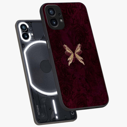 Crimson Fade Butterfly Glass Case displayed in angled mockup highlighting elegant butterfly design with crimson gradient aesthetic.